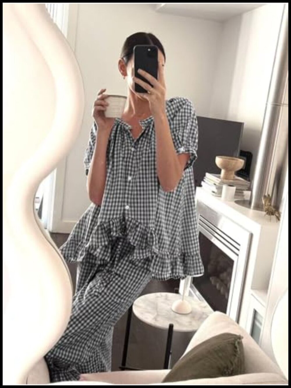 Cotton Gingham 2 Piece Pajama Set Babydoll and Pants Soft Plaid Pjs Sleepwear - Picture 4 of 4